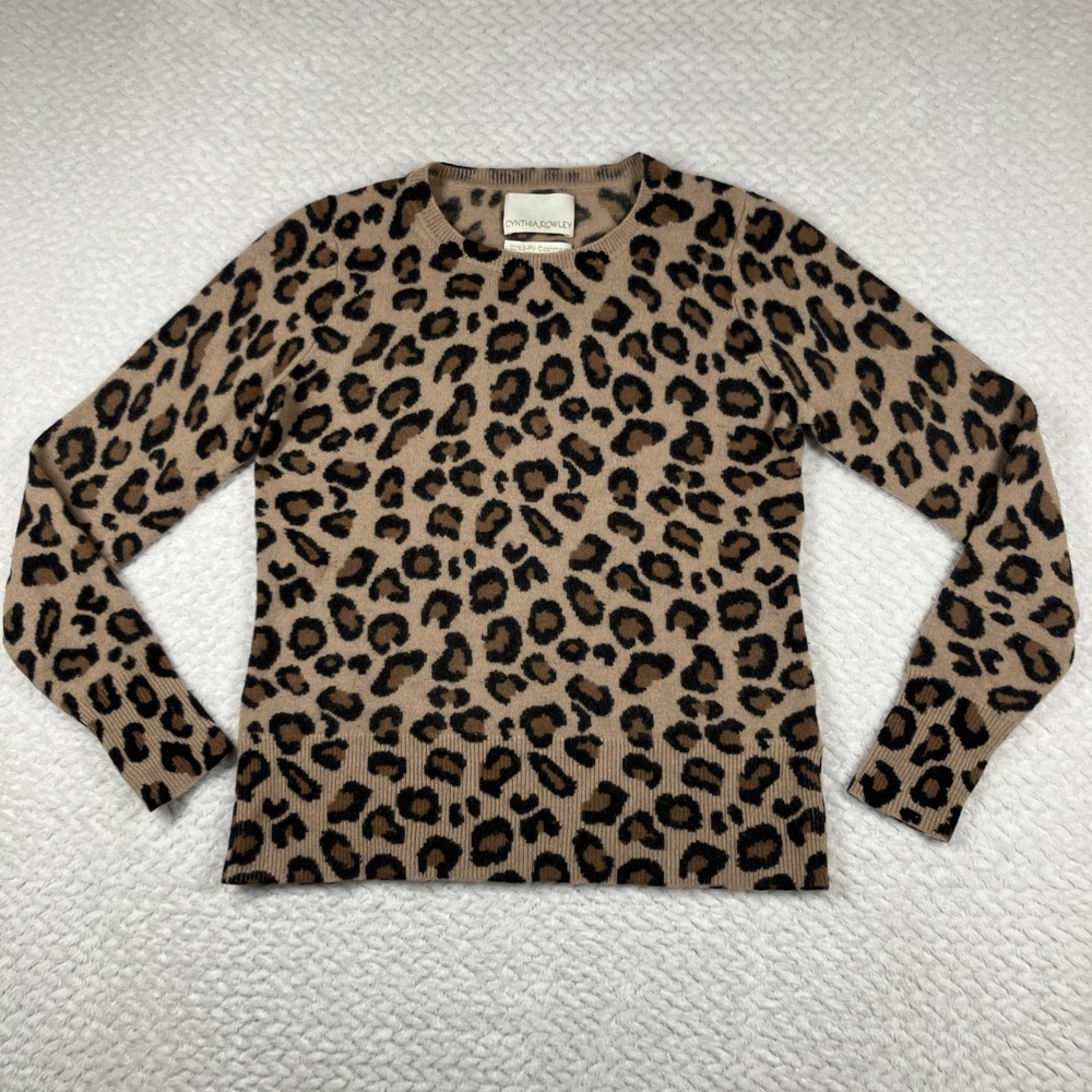 Cynthia Rowley Womens S 100% Cashmere Crewneck Leopard Print Sweater Luxury Soft